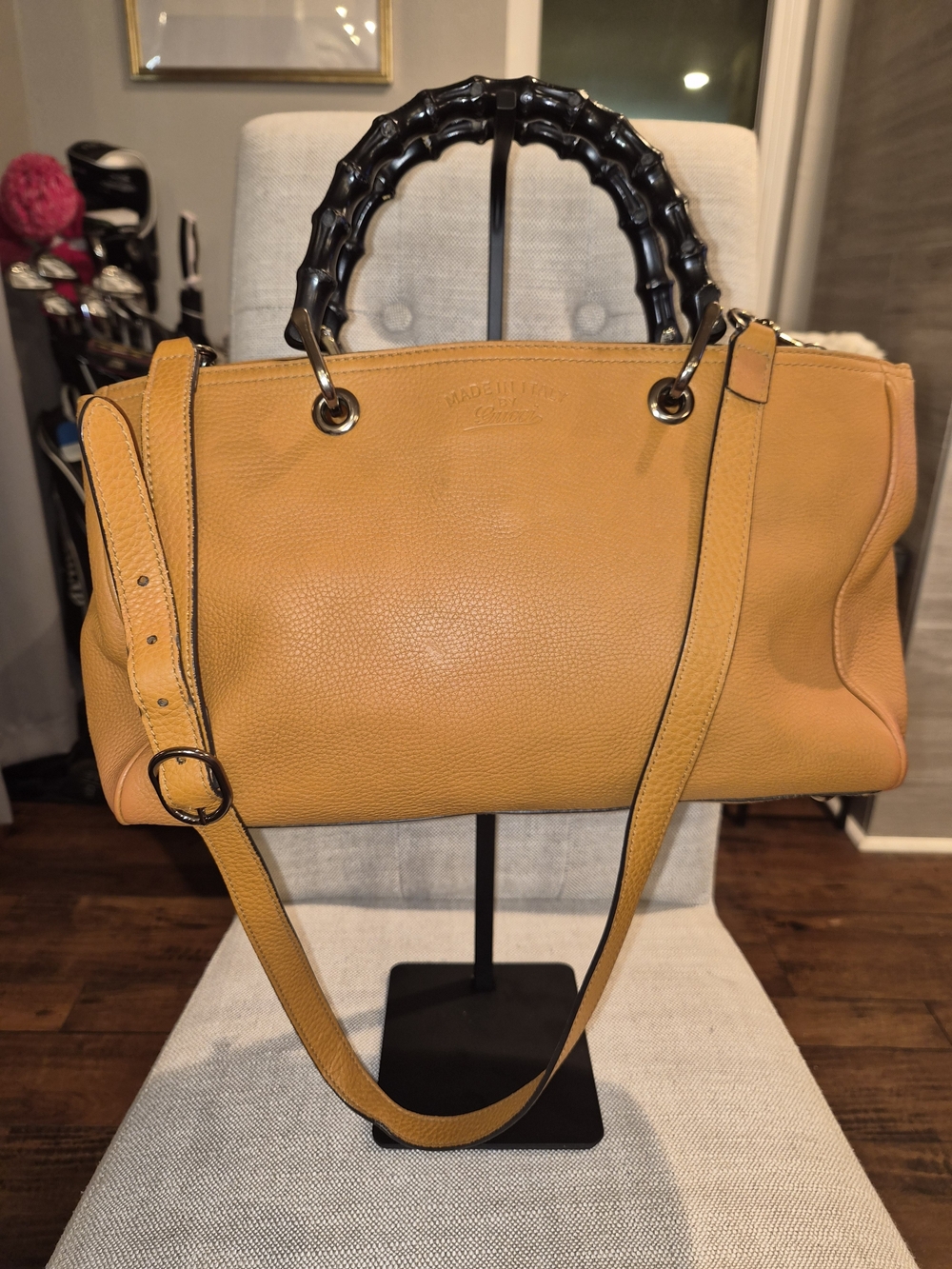 Gucci Bamboo Shopper Medium Tote Bag Mustard Yellow Leather Crossbody Strap
